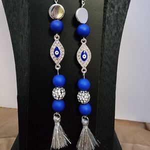 BrazenSoul Evil Eye Blue Tassel Statement Earrings